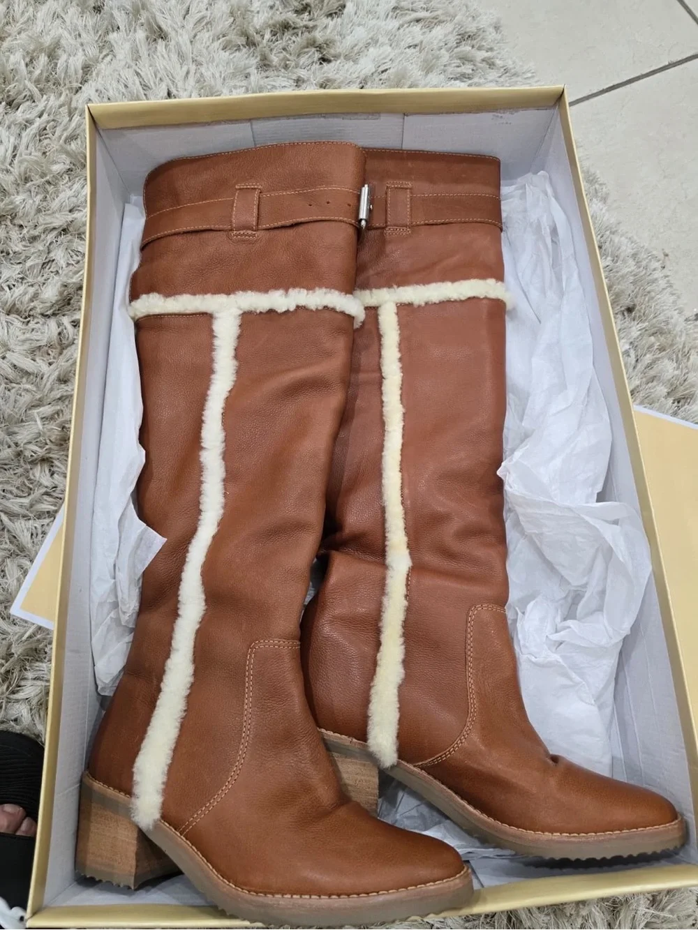 Michael Kors Chestnut Brown Over-the-Knee Leather Boots with Cream Shearling